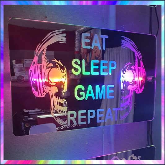 Rainbow L.E.D Mirror eat sleep game repeat with skull