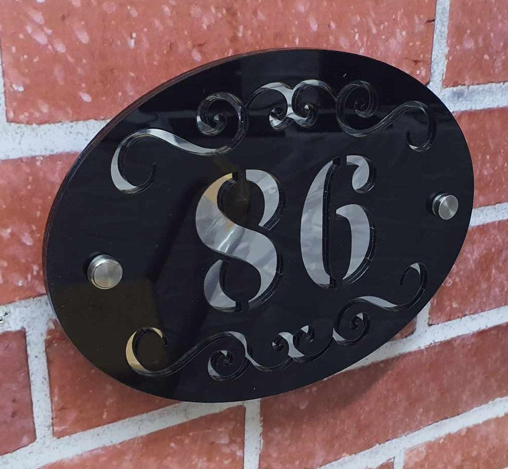 Personalised Door House Number Plaque Sign Black and Silver Design 2