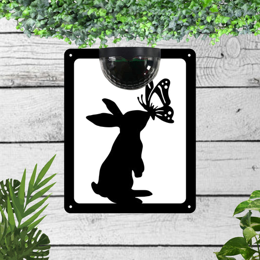 Garden Solar Light Wall Plaque Featuring a Rabbit With a Butterfly | John Alans