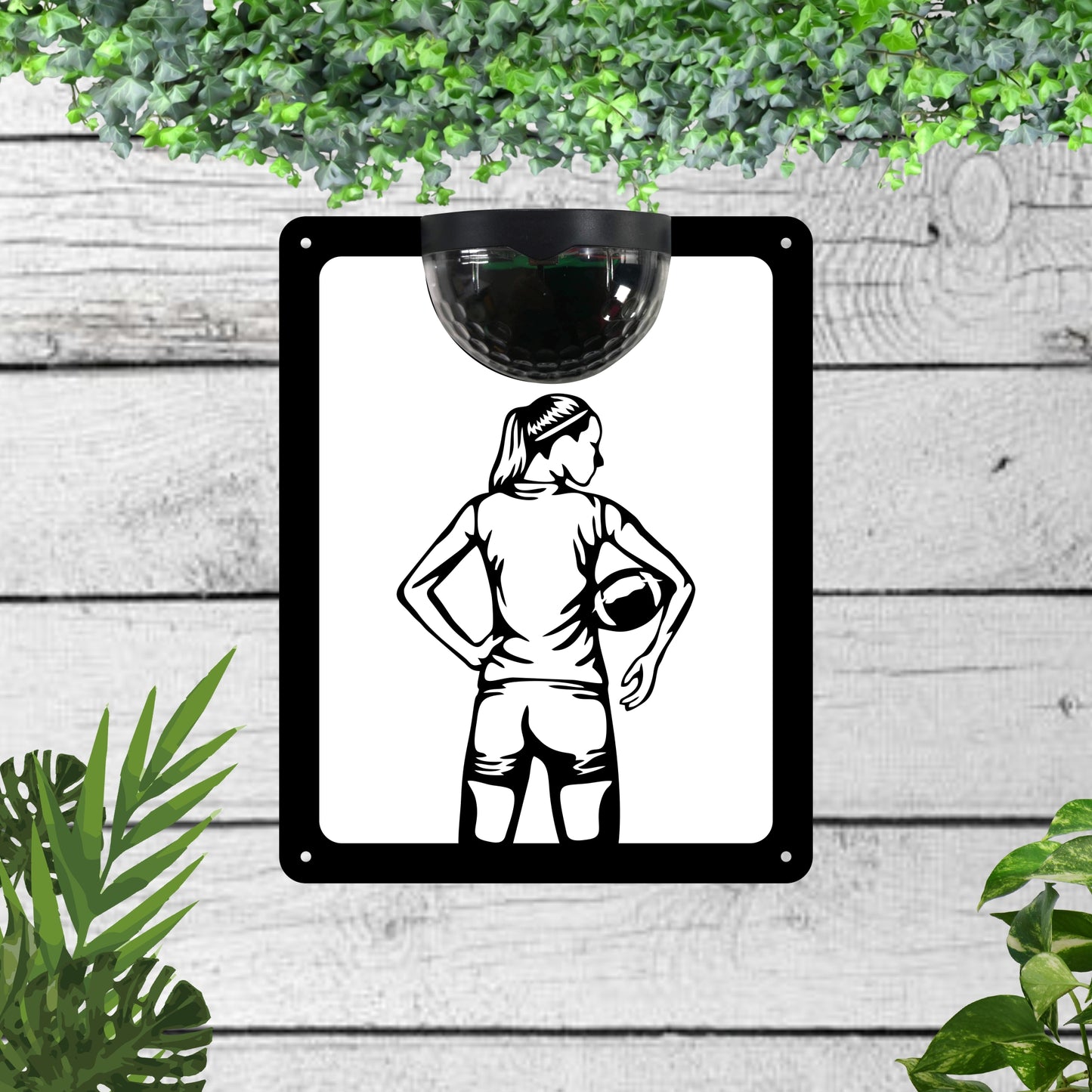 Garden solar wall plaque featuring a Female rugby player | John Alans