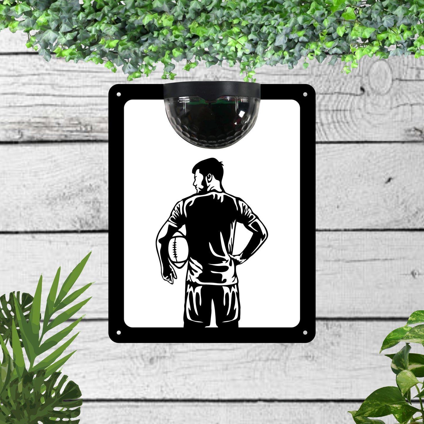Garden solar wall plaque featuring a rugby player | John Alans