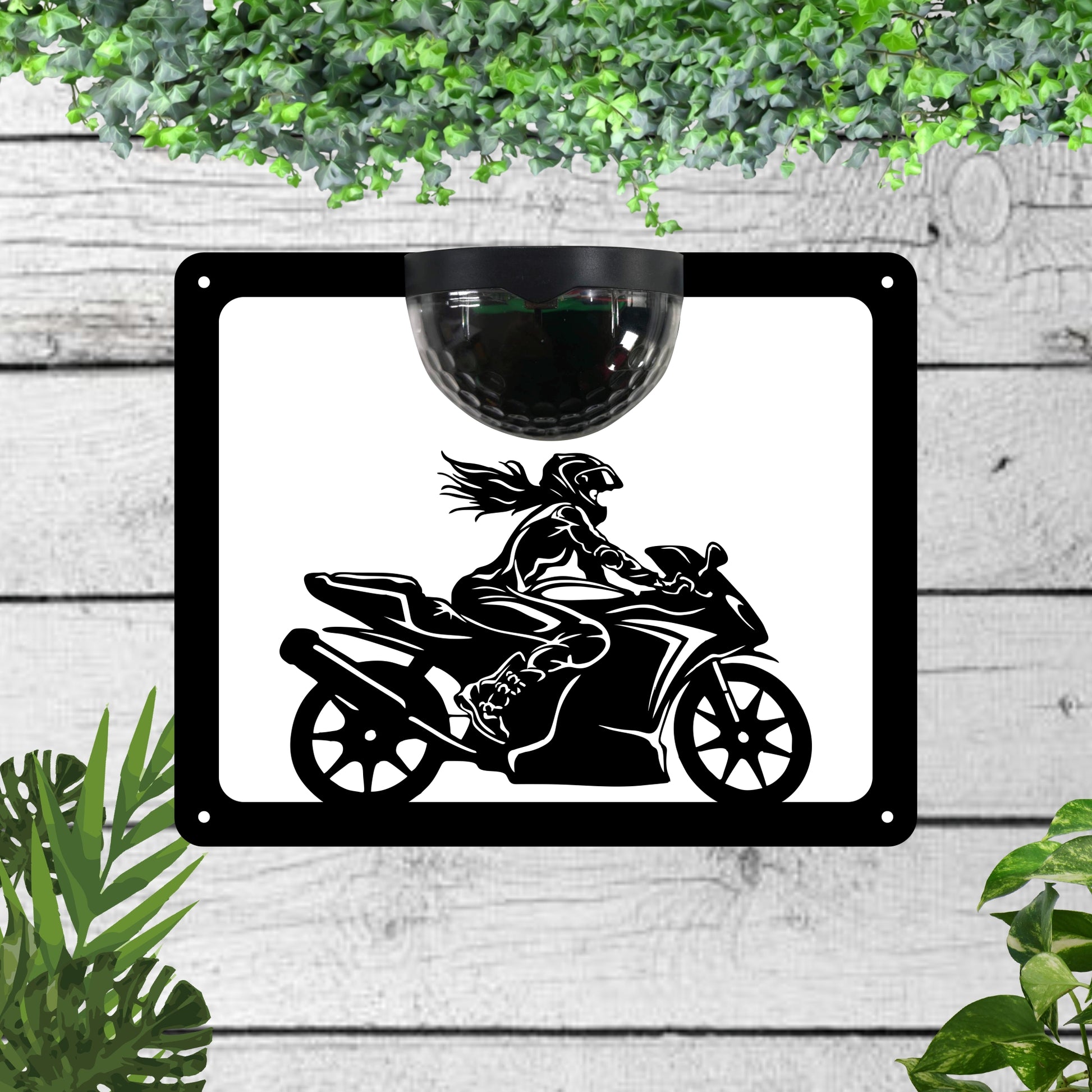 Garden Solar Light Wall Plaque With a Woman on a Motorbike | John Alans