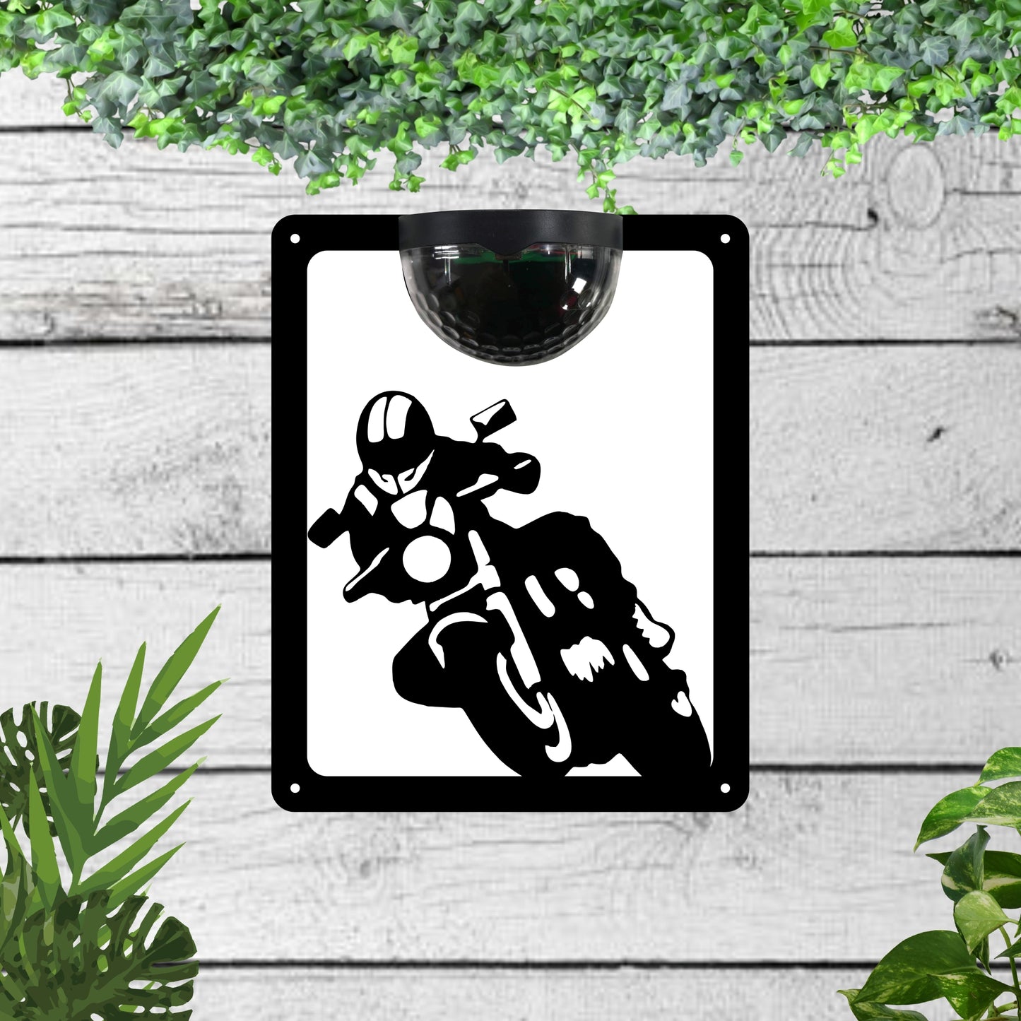 Garden Solar Light Wall Plaque Featuring a Motorbike | John Alans