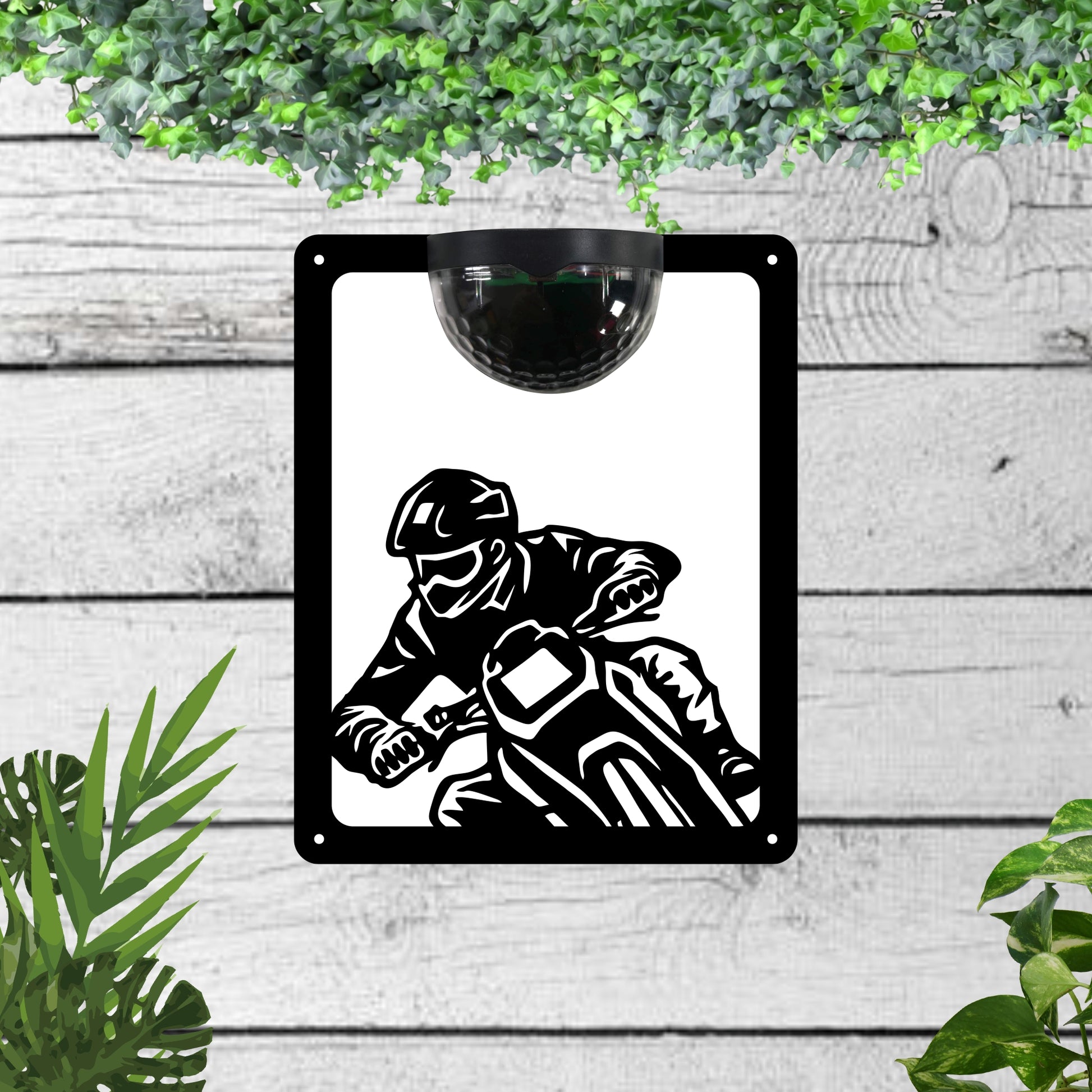 Garden solar wall plaque featuring a motorbike | John Alans